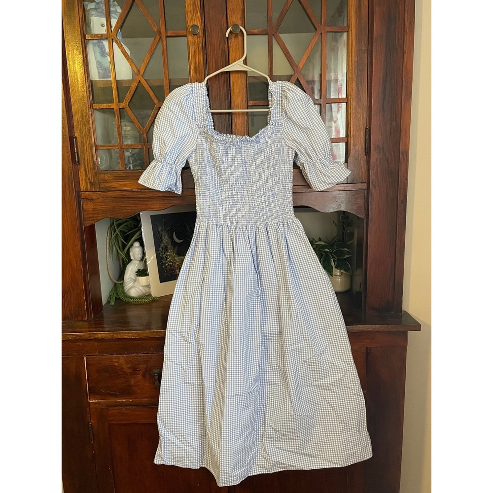 Damaris Bailey Gingham Smocked Square Neck Puff Sleeve Midi Dress XS‎